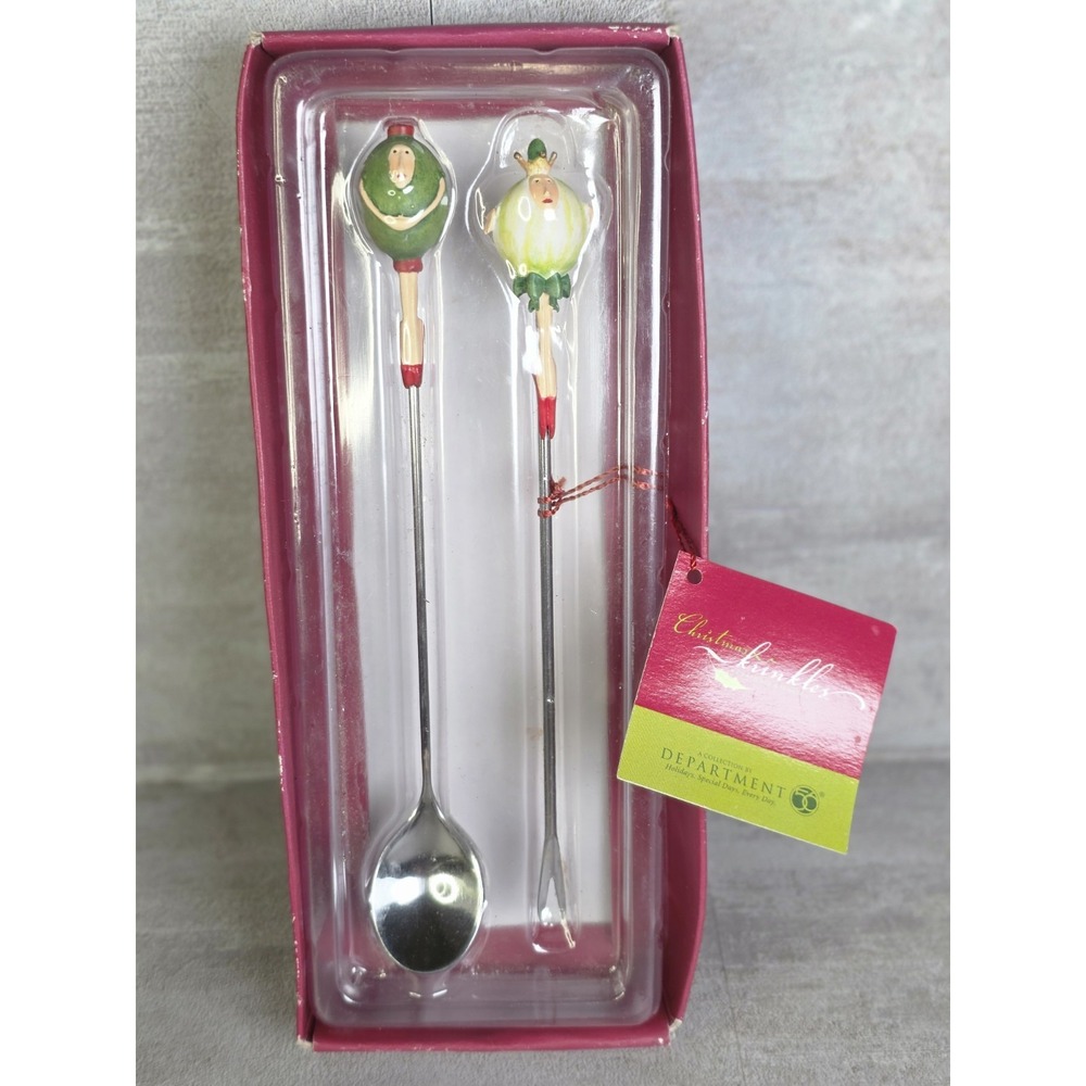 Christmas Krinkles Dept 56 Spoon Fork Cocktail Set Whimsical HandpaintedOpen Box